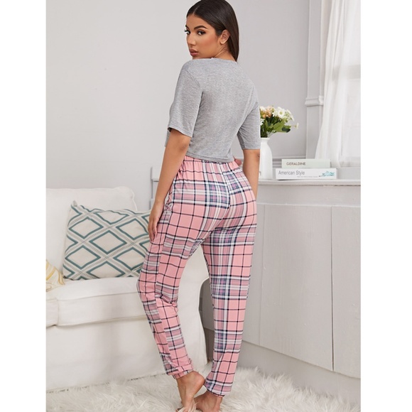 2 Piece Pajama Set, Loungewear Grey + Plaid - Picture 2 of 10